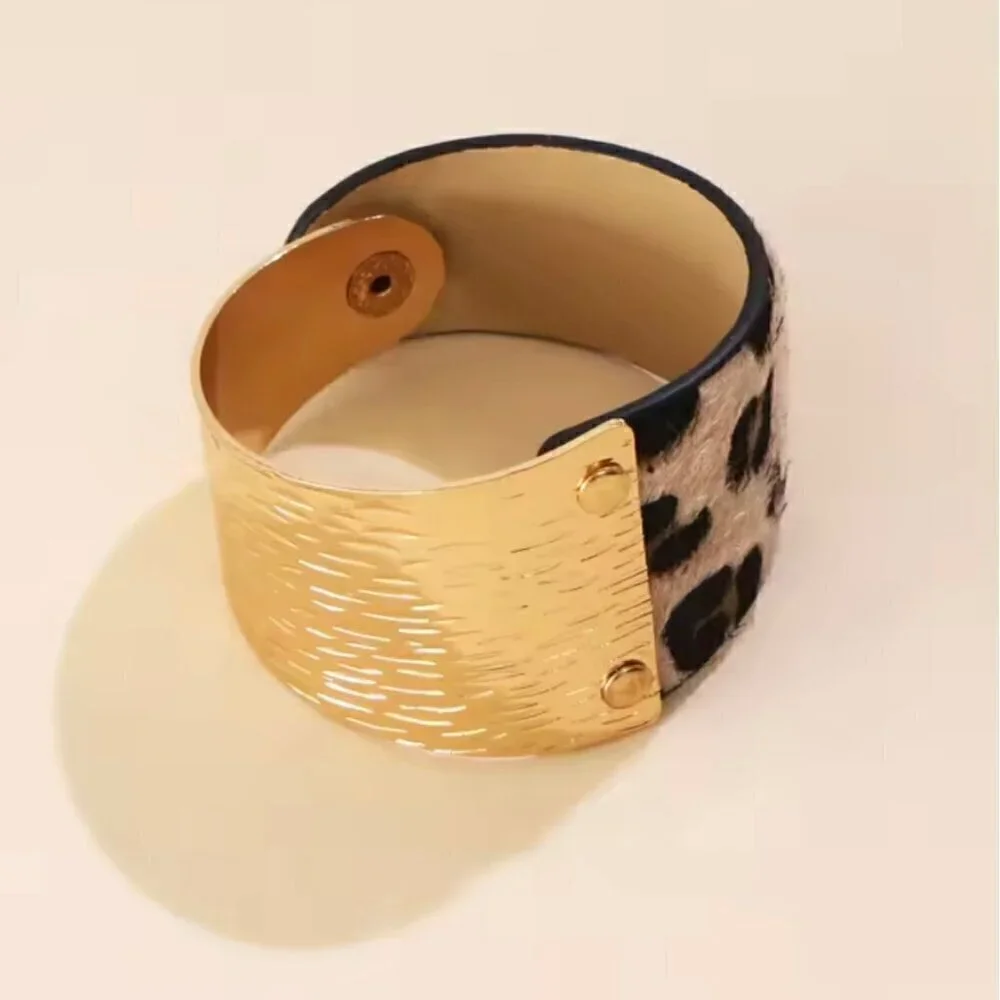 New Statement Leopard Print Bracelet Gold Textured Metal Wide Animal Print
